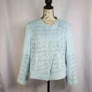Chico's Size 2 baby blue long sleeve cut out lace asymetrical zip moto jacket